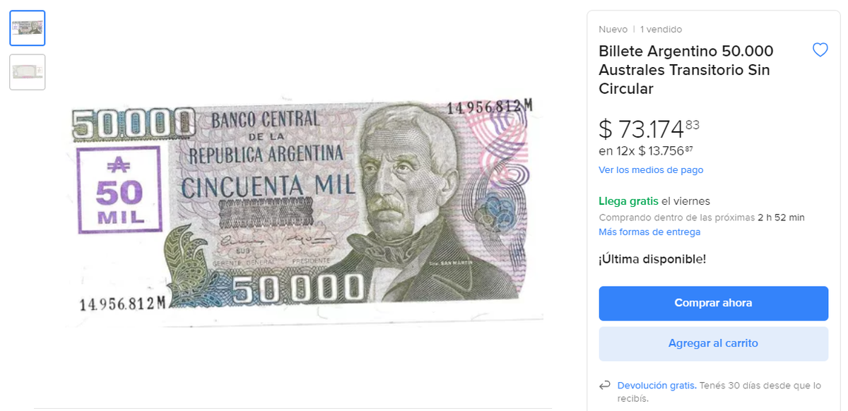 En Mercado Libre pagan hasta $73.174 por este billete de 50 mil australes. En Mercado Libre pagan hasta $73.174 por este billete de 50 mil australes.