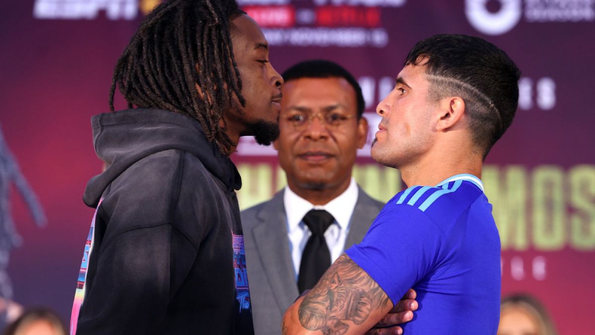 El cara a cara de Keyshawn Davis y Gustavo Lemos antes de la pelea de este viernes en Virginia. El cara a cara de Keyshawn Davis y Gustavo Lemos antes de la pelea de este viernes en Virginia.
