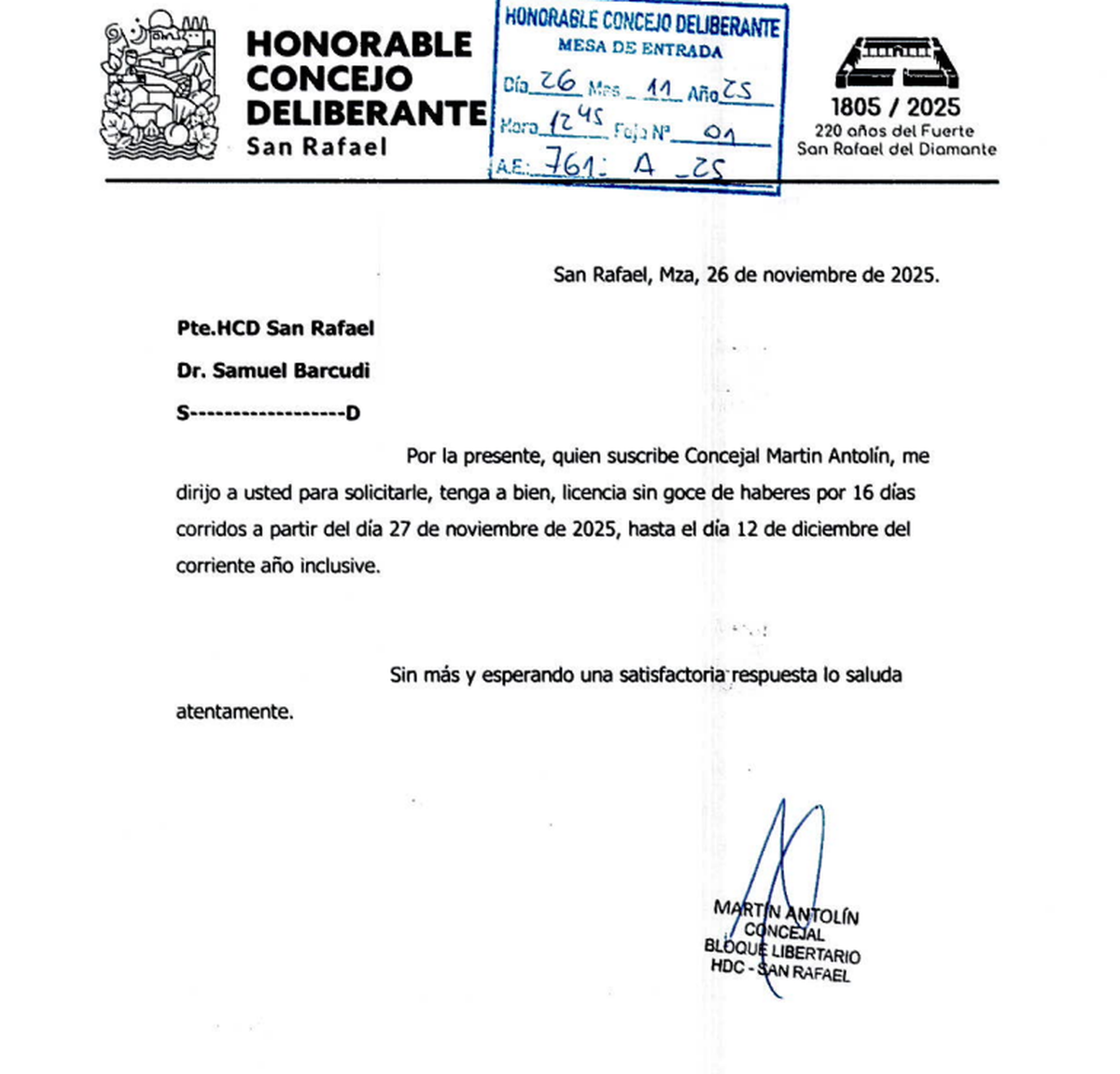 El pedido de licencia del concejal Martín Antolín al que tuvo acceso Diario UNO.