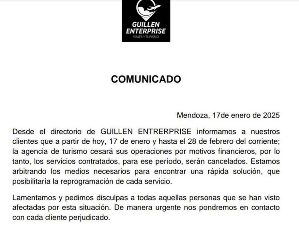 El comunicado de la empresa de turismo cuando se conocieron las denuncias por estafas. El comunicado de la empresa de turismo cuando se conocieron las denuncias por estafas.