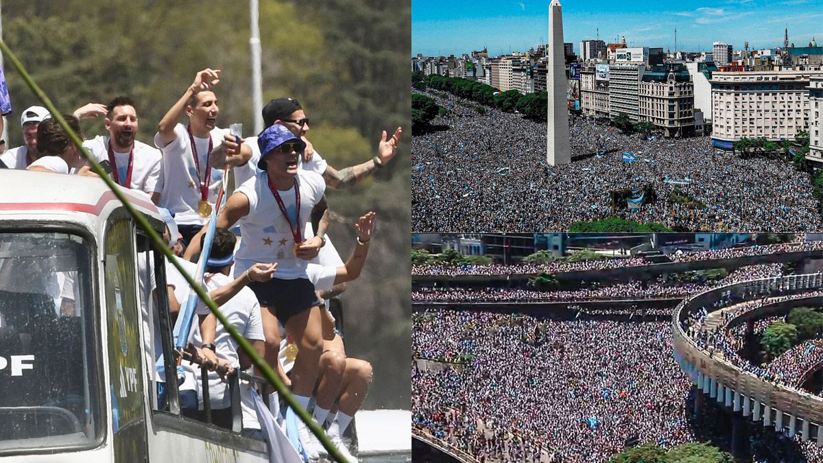 Los futbolistas de la Selección argentina ya disfrutan con los hinchas la obtención de la Copa del Mundo en las calles de Buenos Aires.