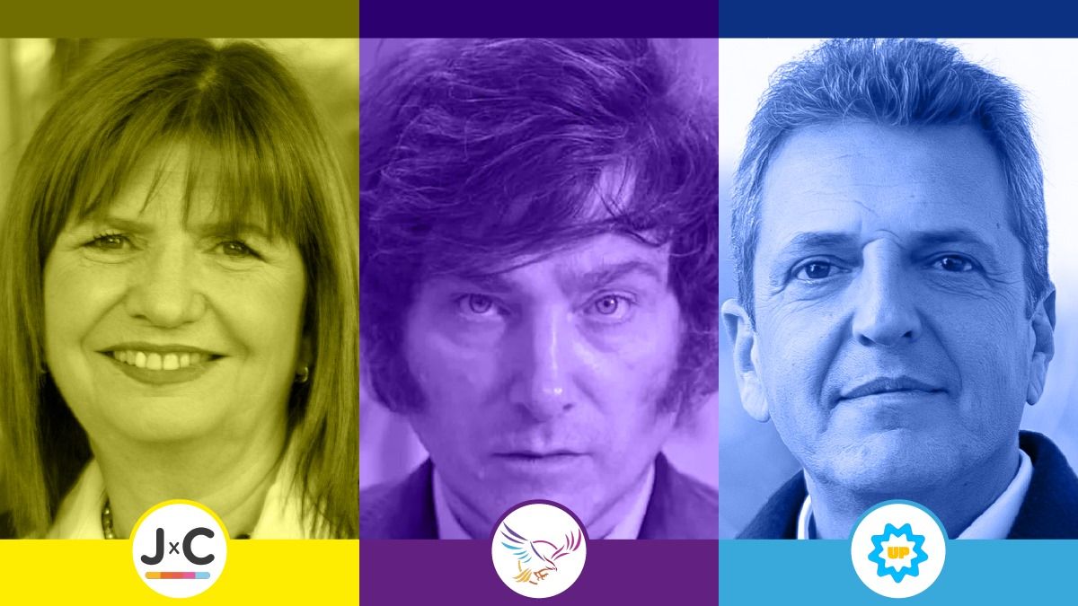 Patricia Bullrich, Javier Milei y Sergio Massa.