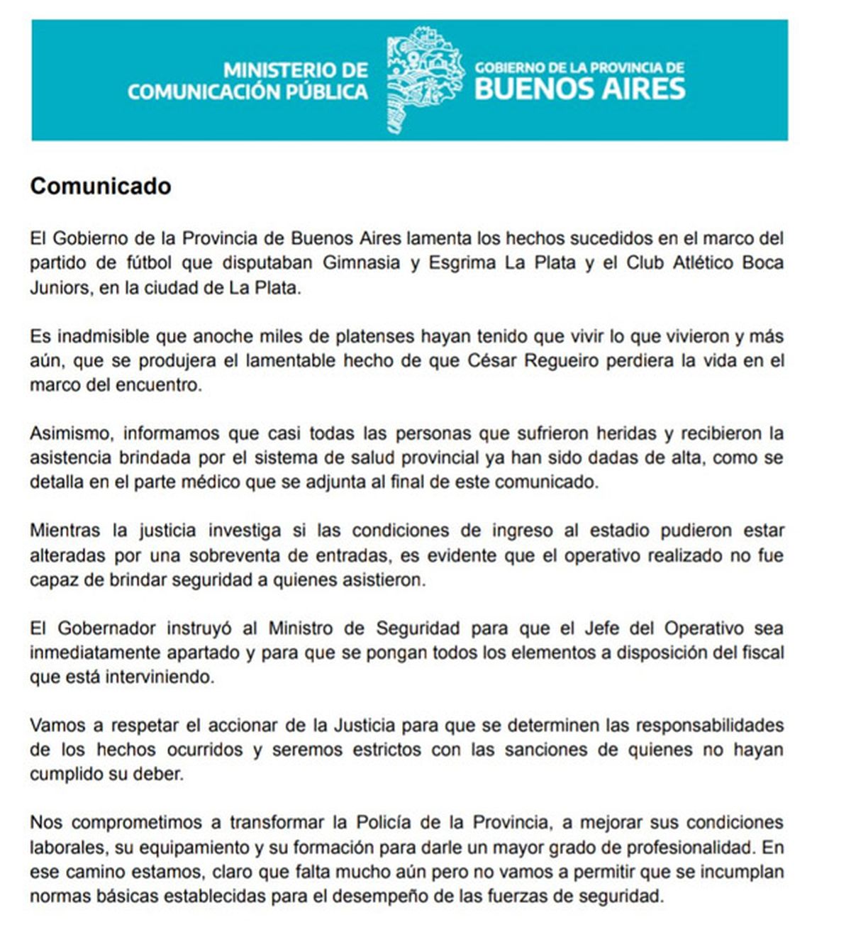Comuinicado Gobierno Buenos Aires partido Gimnasia La Plata Boca.