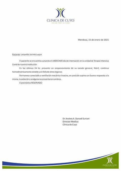 El parte médico de Leopoldo Luque de este viernes.