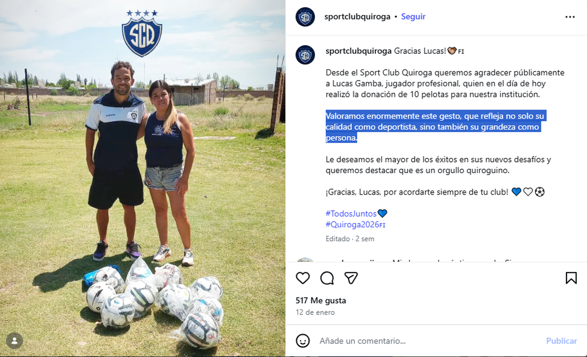 Sport Club Quiroga le agradeció a Lucas Gamba por su gesto.