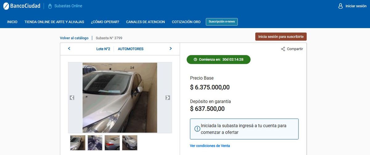 El Banco Ciudad llevará a cabo en febrero una nueva subasta en la que se destaca el remate de dos vehículos, modelo Peugeot 408 Sport, por un valor base de $6.375.000 cada uno.