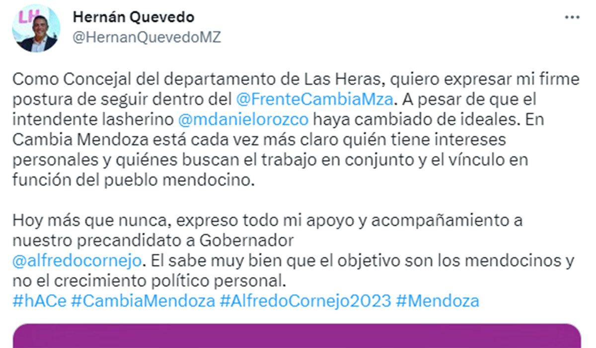 El concejal Hernán Quevedo, uno de los siete del bloque de la UCR en Las Heras, ya advirtió sobre la ruptura en el Concejo Deliberante.