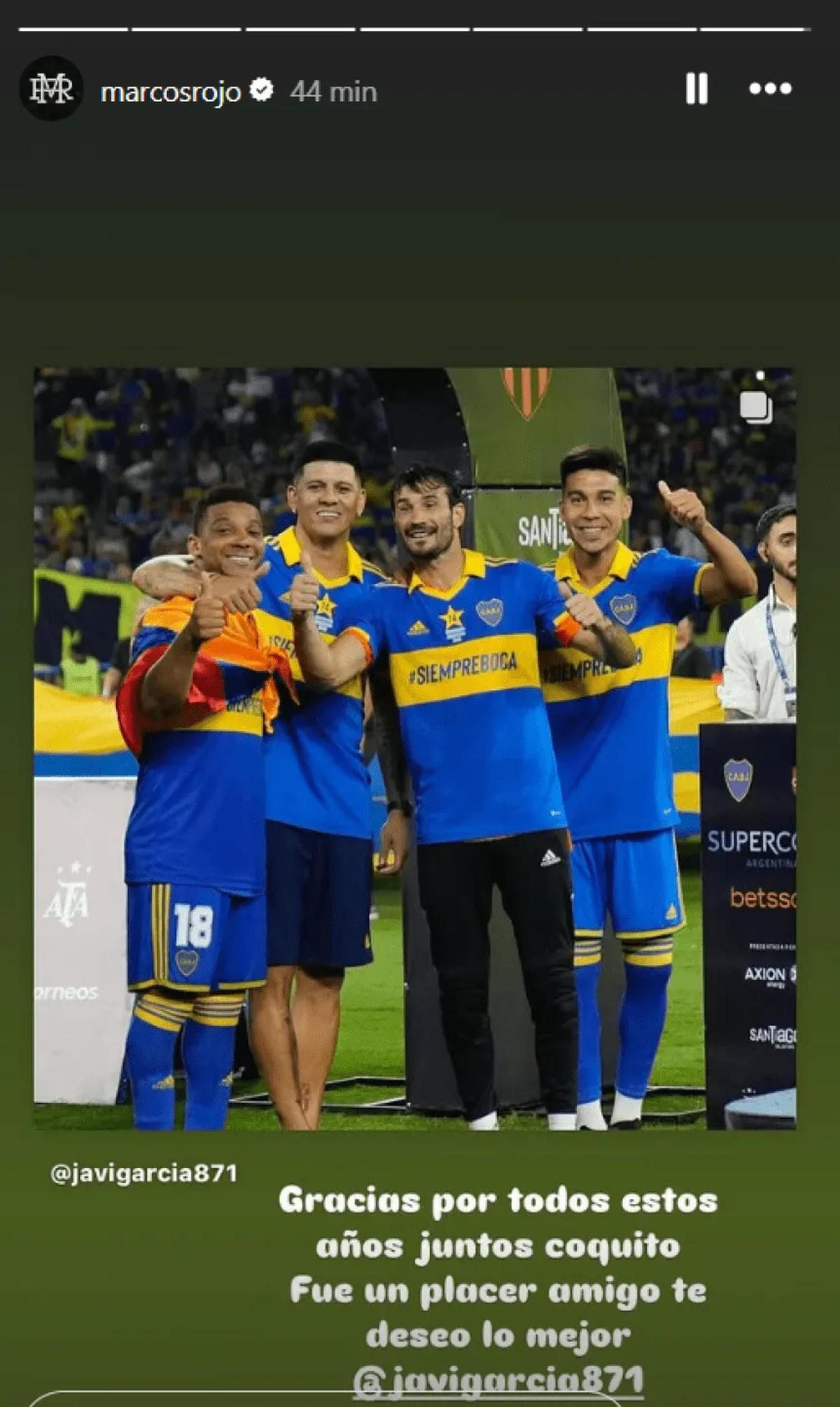 La despedida de Marcos Rojo a Javier García en IG. La despedida de Marcos Rojo a Javier García en IG. 