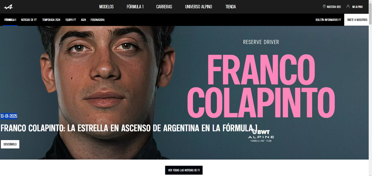 La imagen de Franco Colapinto en la portada de la web de Alpine. La imagen de Franco Colapinto en la portada de la web de Alpine.