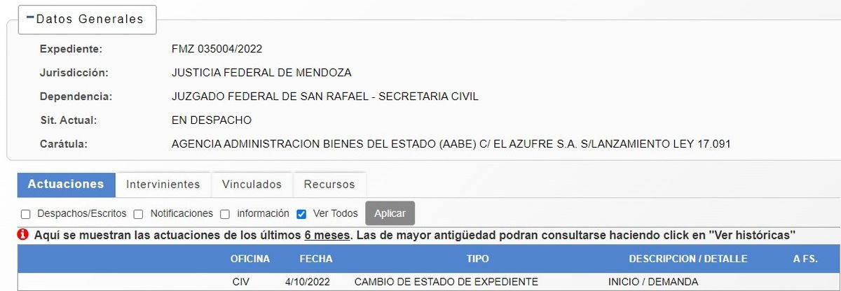 Los datos oficiales sobre la demanda que ingresó el 4 de octubre. La captura se hizo a las 19.45 del miércoles.