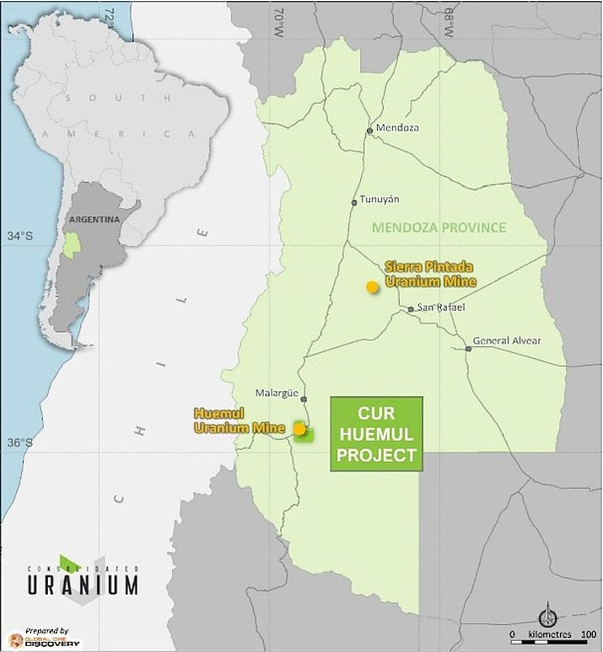 El mapa con el que la empresa canadiense ubicó a la mina Huemul, en Malargüe.