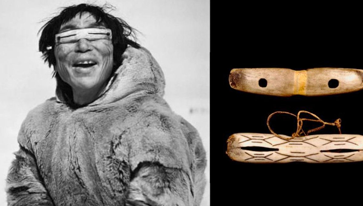 Anteojos primitivos fabricados con marfil de morsa o caracoles y pequeños agujeros. Anteojos primitivos fabricados con marfil de morsa o caracoles y pequeños agujeros.