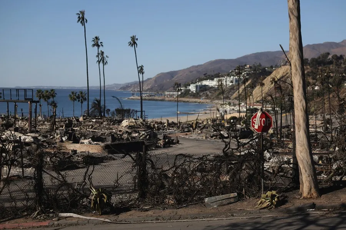 Un barrio destruido por el incendio forestal de Palisades en el barrio de Pacific Palisades de Los Ángeles, California. Crédito: EFE/EPA/Allison Cena. Un barrio destruido por el incendio forestal de Palisades en el barrio de Pacific Palisades de Los Ángeles, California. Crédito: EFE/EPA/Allison Cena.