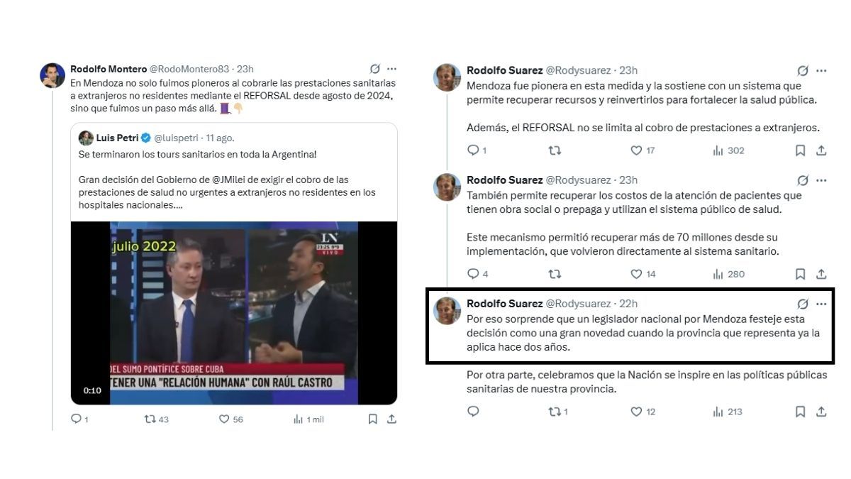 Parte de las publicaciones de Montero y Suarez en X, tras la reacción de Luis Petri por el decreto nacional sobre el cobro a extranjeros. Parte de las publicaciones de Montero y Suarez en X, tras la reacción de Luis Petri por el decreto nacional sobre el cobro a extranjeros.