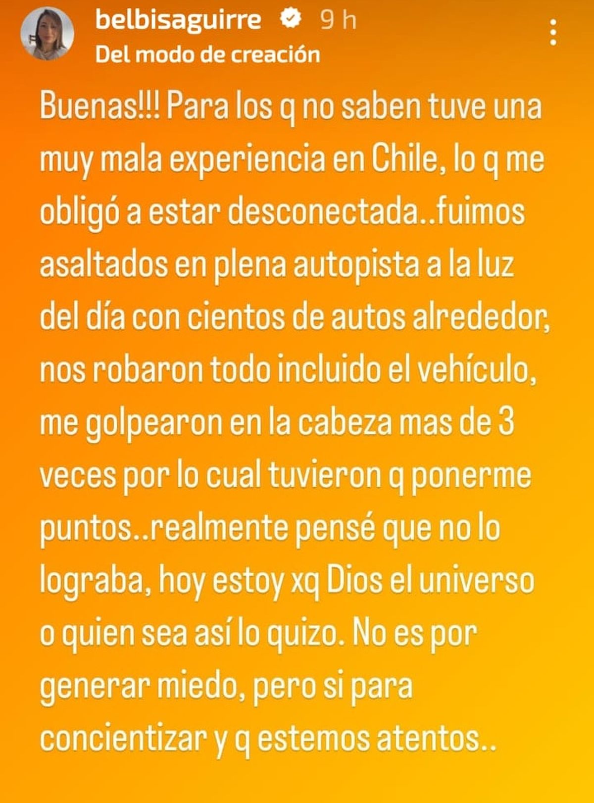El posteo de la funcionaria mendocina asaltada en Chile. El posteo de la funcionaria mendocina asaltada en Chile.