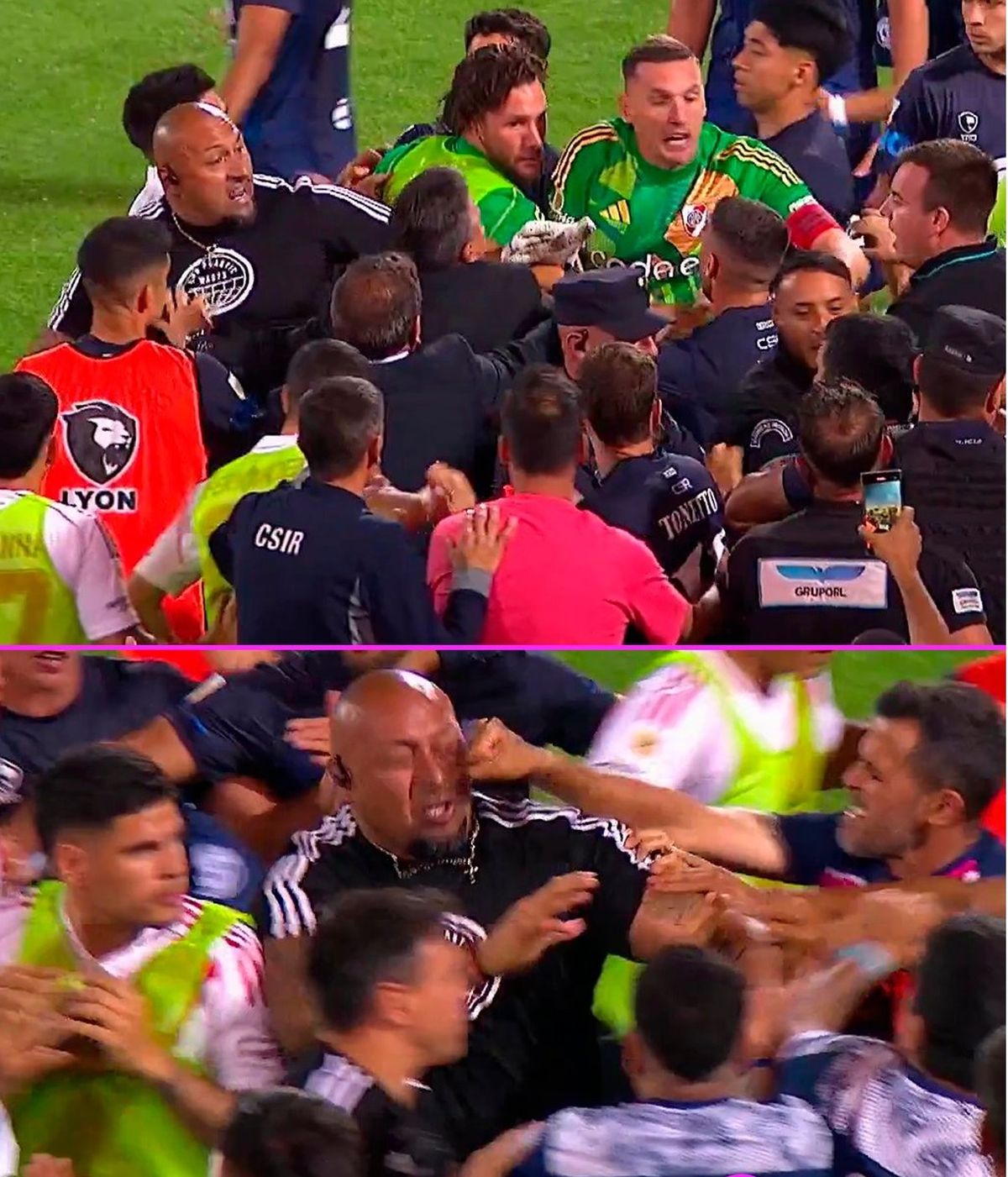 La foto de las transmisión donde se ve el cruce entre el personal de seguridad de River y el preparador físico de la Lepra. La foto de las transmisión donde se ve el cruce entre el personal de seguridad de River y el preparador físico de la Lepra. 