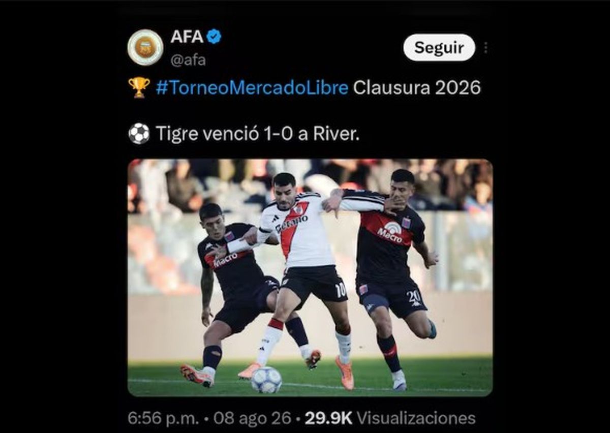 La publicación de la AFA sobre el partido entre Tigre y River que luego borró.