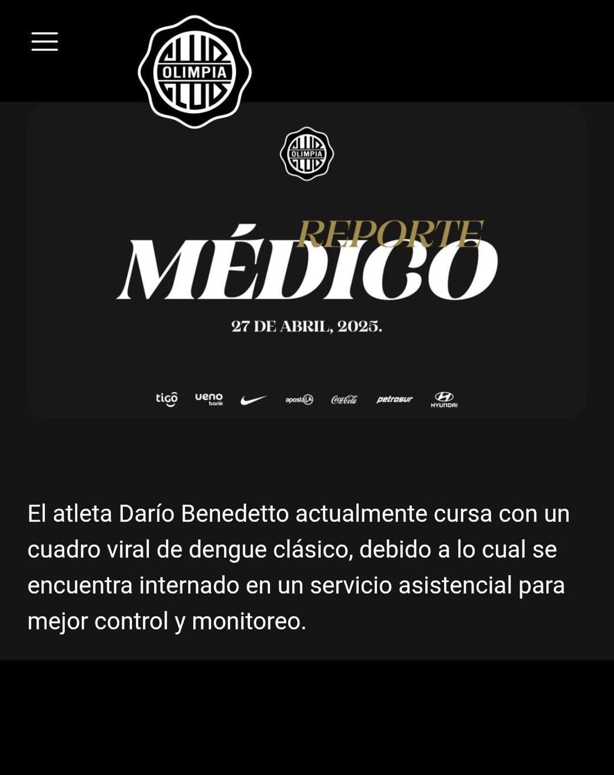 El parte médico de Olimpia sobre la salud de Darío Benedetto.