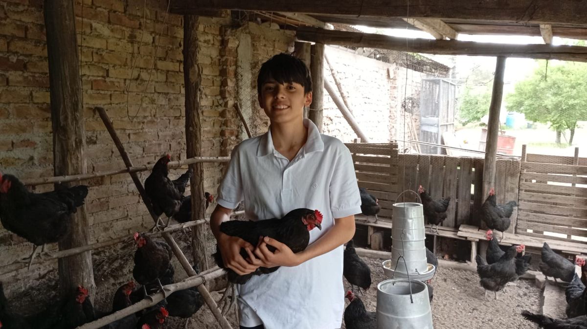 Juancito en el gallinero de su casa en Tunuyán con algunas de las 105 ponedoras. Gentileza