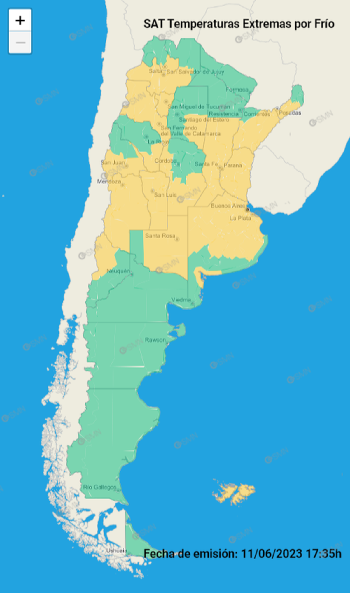 El SMN difundió el domingo por la tarde una alerta amarilla por temperaturas extremas por frío. El SMN difundió el domingo por la tarde una alerta amarilla por temperaturas extremas por frío.