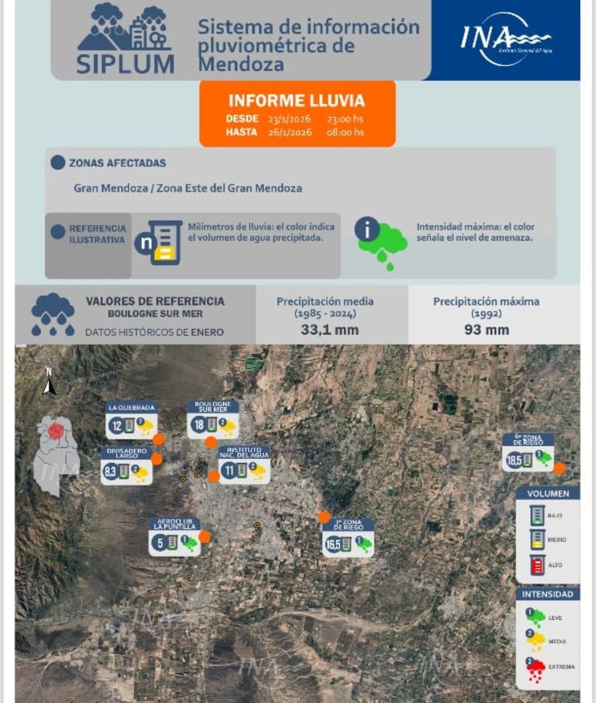 Este es el informe elaborado por el SIPLUM, para mostrar cuánto llovió en solo cuatro días en algunas zonas de Mendoza.