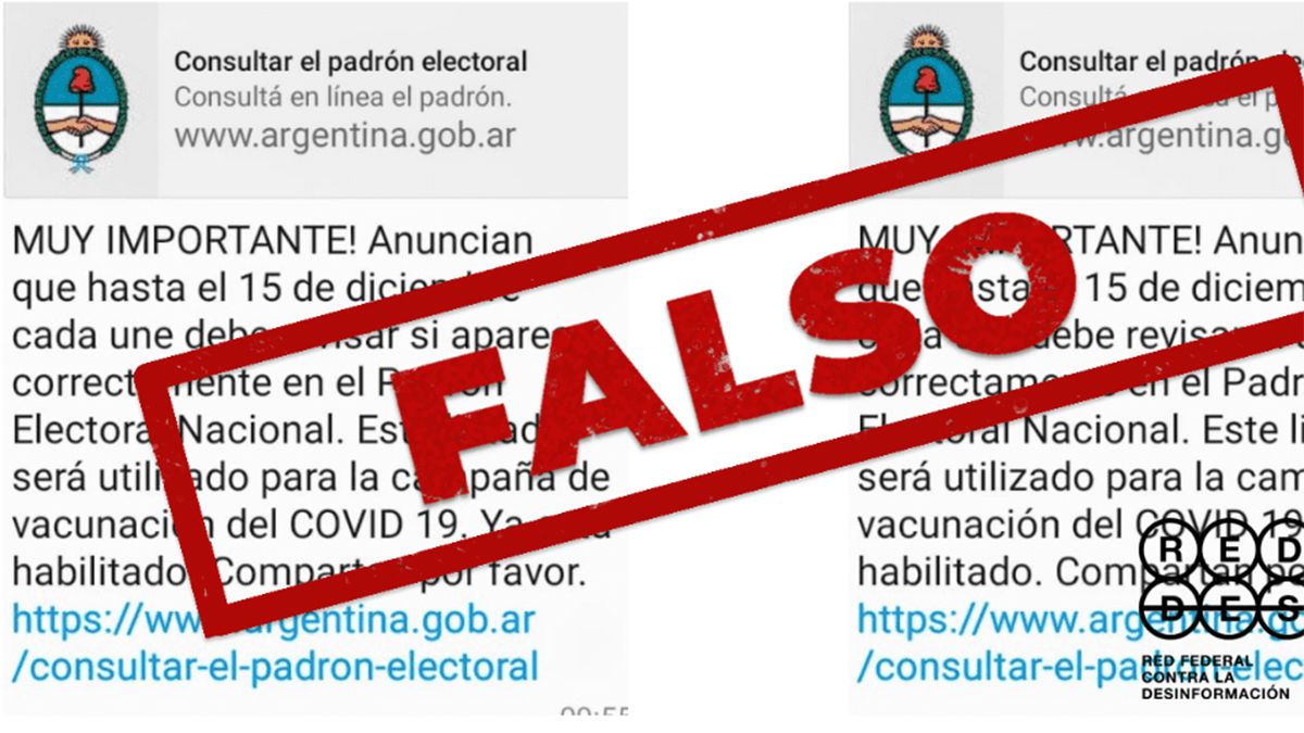Es falso que sea necesario verificar los datos del padrón electoral para recibir la vacuna.