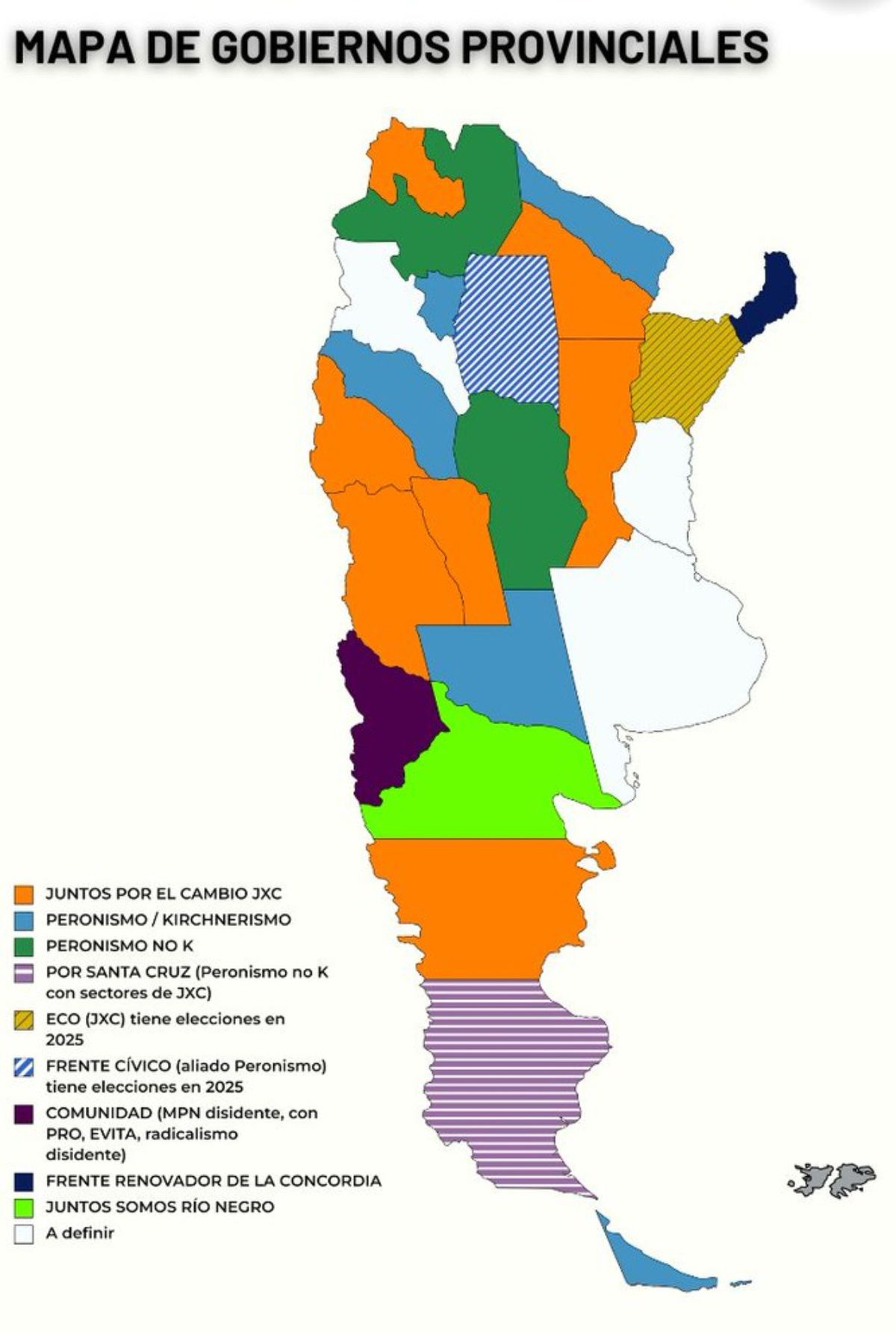 El mapa de las provincias hasta este domingo, de acuerdo con el perfil especializado @ArgElecciones El mapa de las provincias hasta este domingo, de acuerdo con el perfil especializado @ArgElecciones