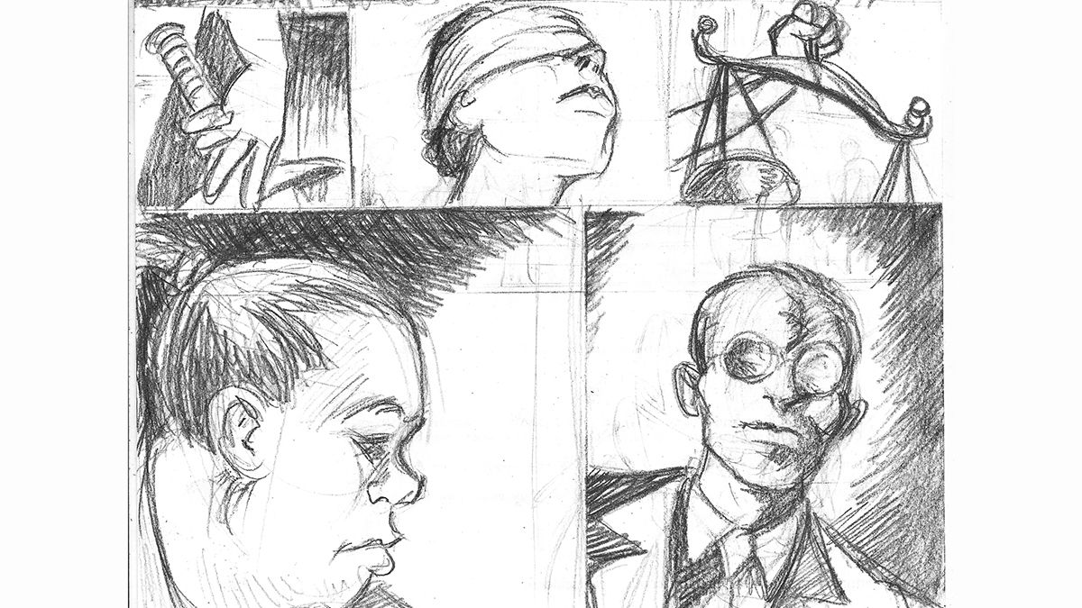 Arriba, la simbólica imagen de la Justicia; abajo, la abogada defensora Gabriela Massad y el juez técnico Alejandro Miguel.