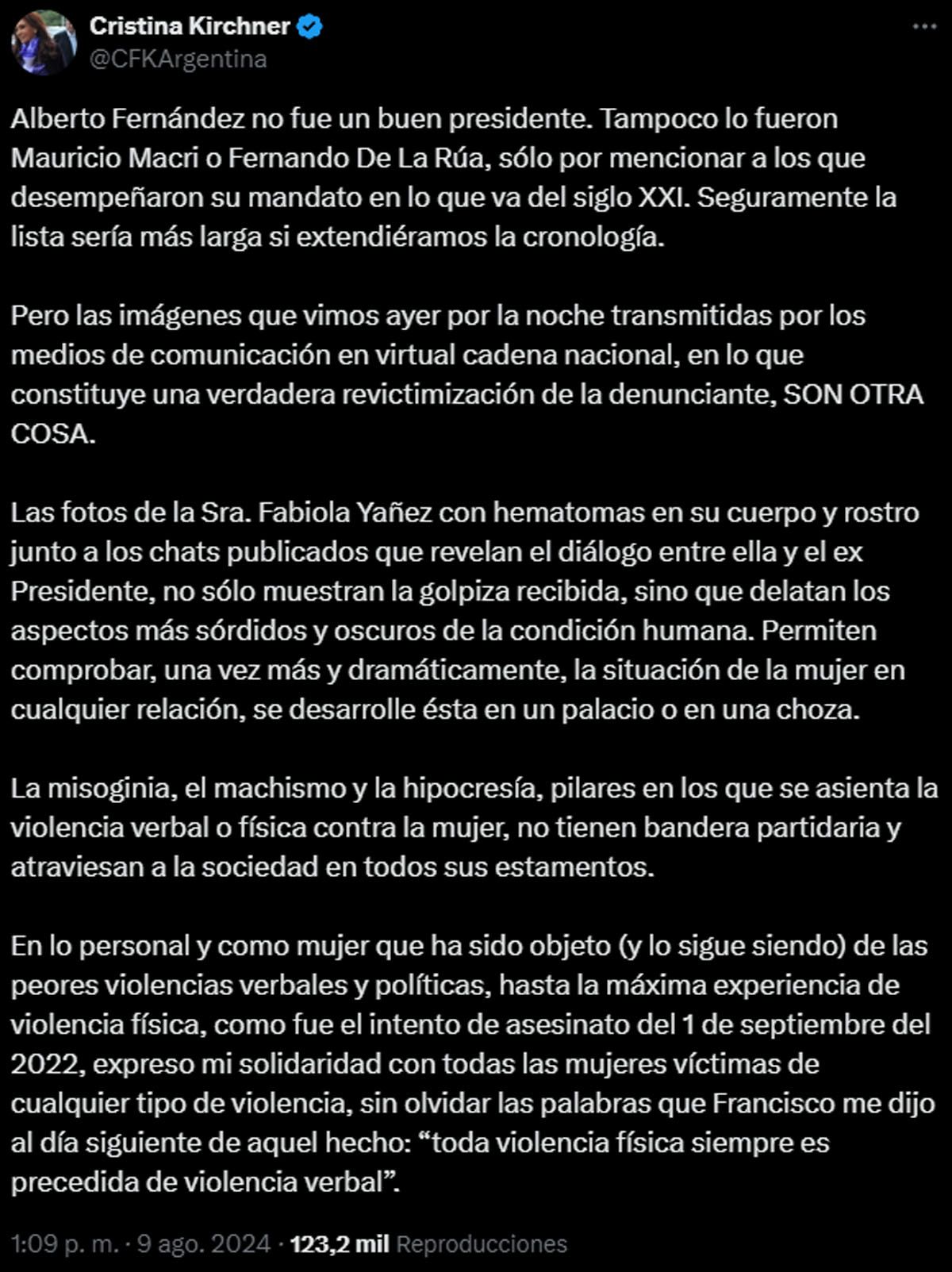 El tuit con el que Cristina Kirchner se refirió a la denuncia de violencia de género contra Alberto Fernández. El tuit con el que Cristina Kirchner se refirió a la denuncia de violencia de género contra Alberto Fernández.