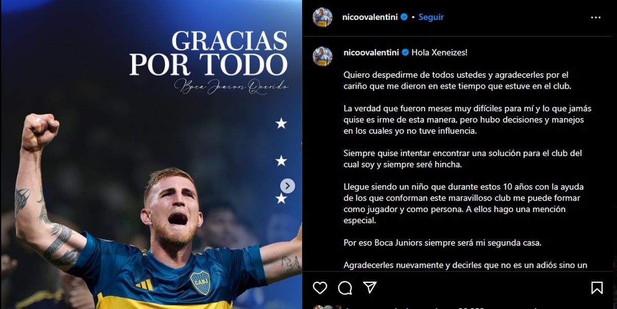 El mensaje de despedida de Nicolás Valentini en sus redes sociales. El mensaje de despedida de Nicolás Valentini en sus redes sociales.