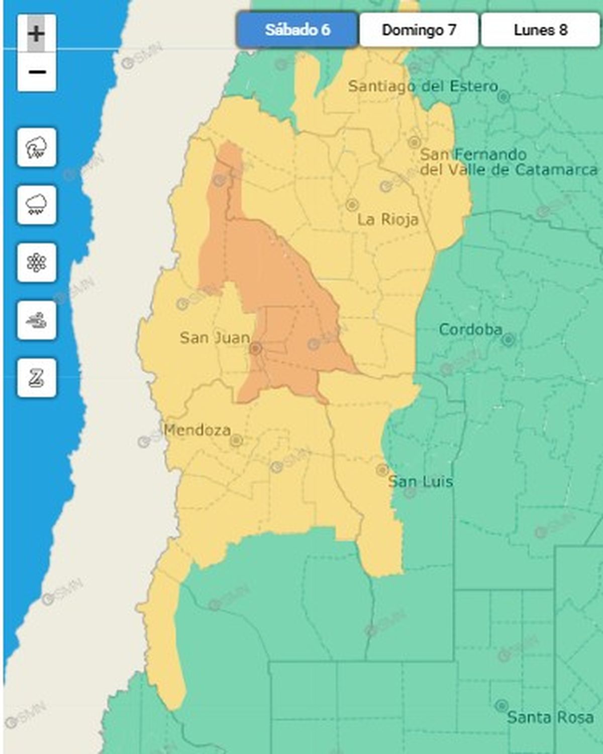 Así muestra la alerta amarilla que rige para la provincia el Servicio Meteorológico Nacional en su página web.