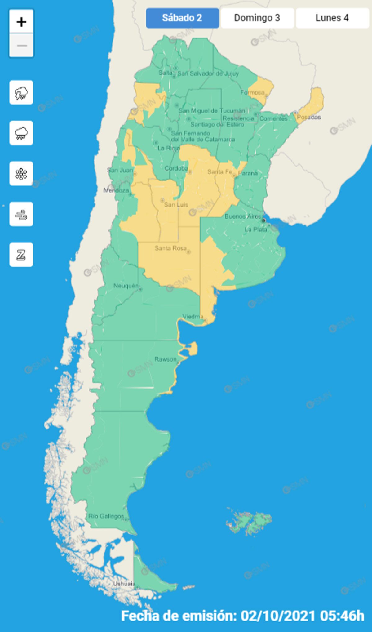 El mapa de alertas tempranas del SMN para este sábado 2 de octubre.