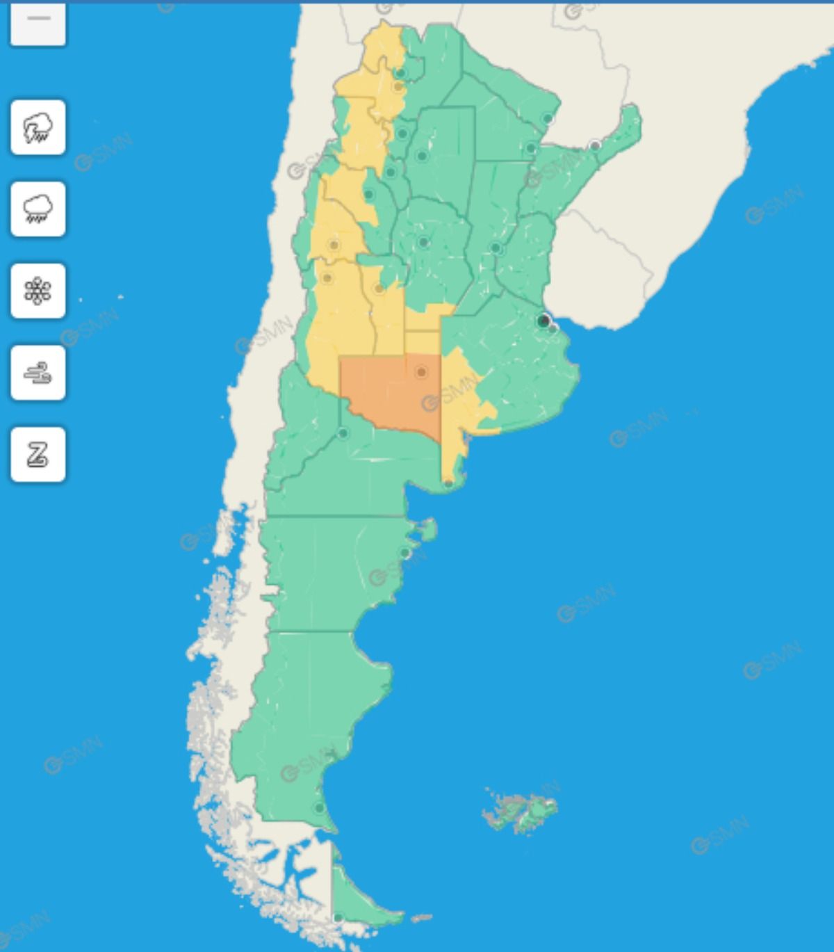 Casi toda la provincia de Mendoza se encuentra bajo alerta amarilla por tormentas, de acuerdo con este mapa del Servicio Meteorológico Nacional (SMN).