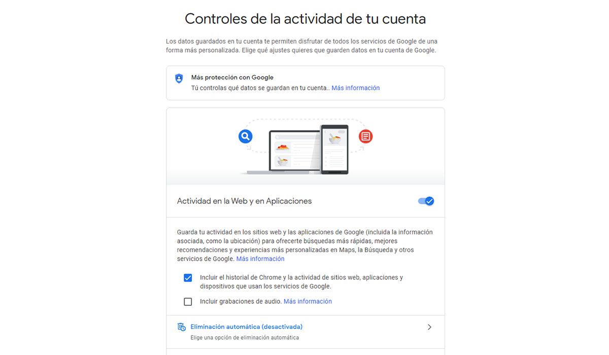 En "Controles de la actividad de tu cuenta" se puede evitar que Google te esp&iacute;e y borrar la informaci&oacute;n acumulada