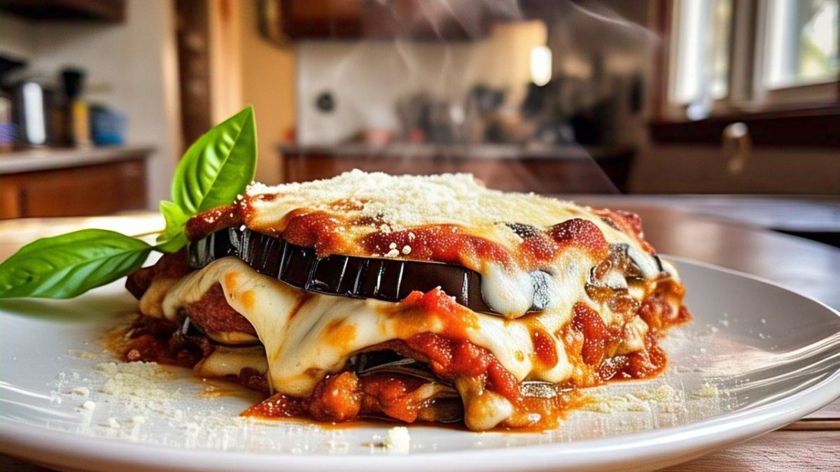 Recetas: lasaña de berenjena. Foto: generada con IA.