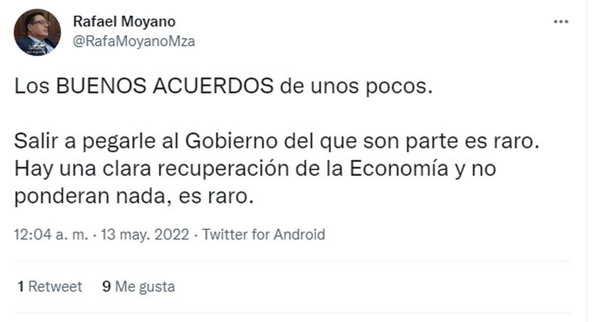 El primero de los tuits de Rafael Moyano llegó pasada la medianoche. La interna del peronismo mendocino quedó en evidencia.