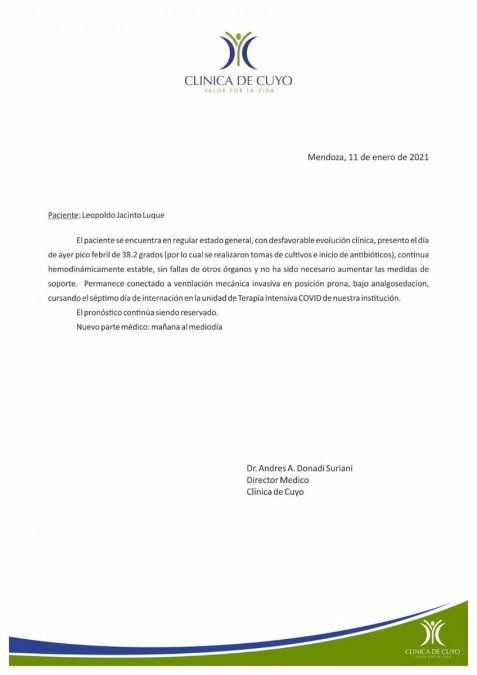 La salud de Leopoldo Luque tiene pronóstico reservado.