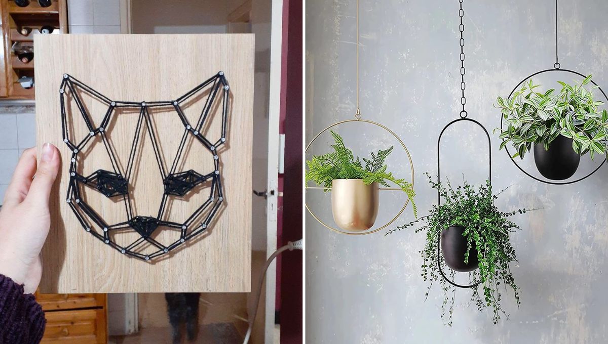 En la primera imagen vemos Arte con hilos y clavos. En la segunda, sin embargo, podemos ver maceteros colgantes con clavos sin uso En la primera imagen vemos Arte con hilos y clavos. En la segunda, sin embargo, podemos ver maceteros colgantes con clavos sin uso