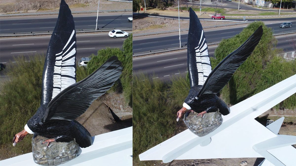 El Cóndor del Acceso Este ya luce con su nueva imagen luego de quedar decapitado tras una tormenta de granizo en febrero del 2022. El Cóndor del Acceso Este ya luce con su nueva imagen luego de quedar decapitado tras una tormenta de granizo en febrero del 2022.