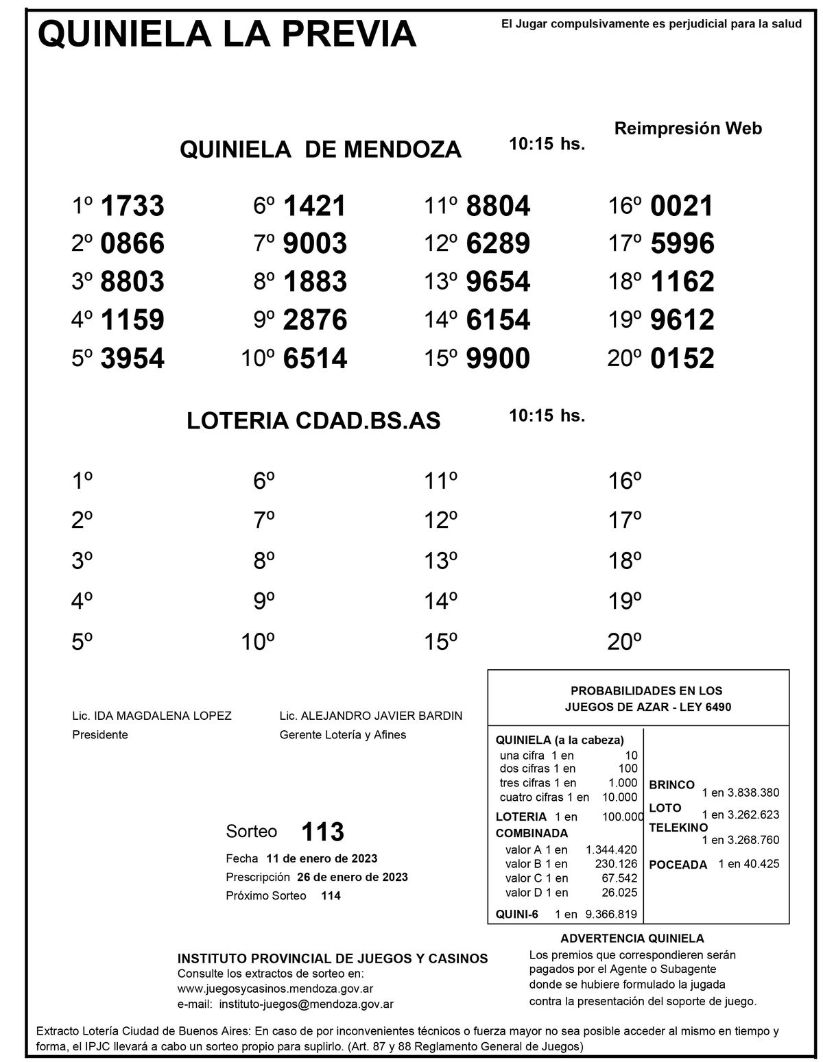 Extracto de la Quiniela de Mendoza en su edición La Previa del miércoles 11 de enero.