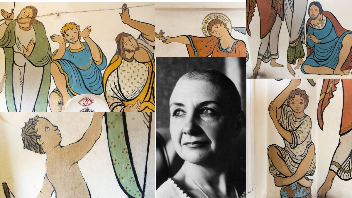 Blanca Sgró de Abal, o Blancabal -tal era su nombre artístico- con los murales que decoran la cúpula del Pasaje San Martín