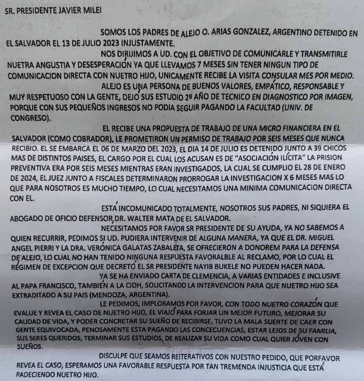 La carta de los familiares de Alejo al presidente Javier Milei. La carta de los familiares de Alejo al presidente Javier Milei.