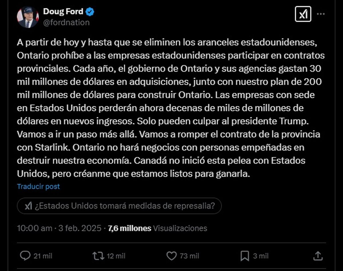 Doug Ford apuntó contra Starlink y Estados Unidos, en X. Doug Ford apuntó contra Starlink y Estados Unidos, en X.