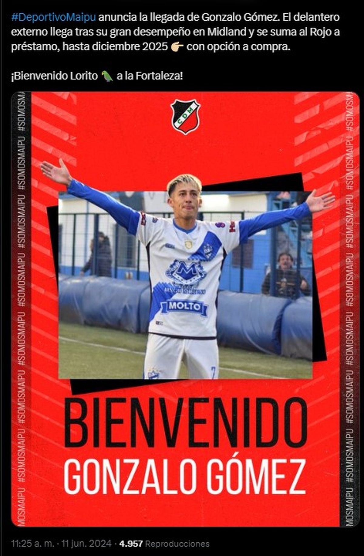 El anuncio en redes del Deportivo Maipú sobre la llegada de Gonzalo Gómez. El anuncio en redes del Deportivo Maipú sobre la llegada de Gonzalo Gómez.