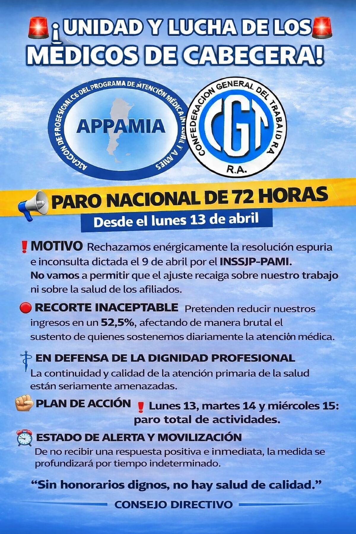 La organización sindical Appamia (Asociación de Profesionales de la Salud) anunció un paro de 72 horas.