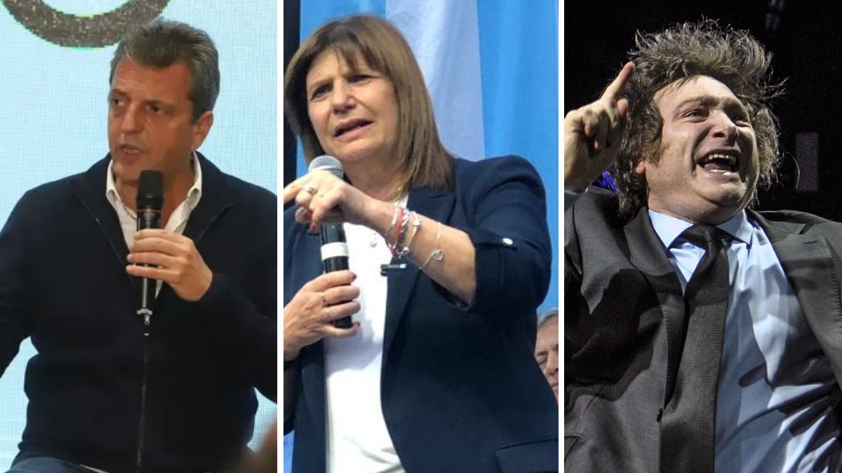 Sergio Massa, Patricia Bullrich y Javier Milei, los tres principales competidores a la presidencia.
