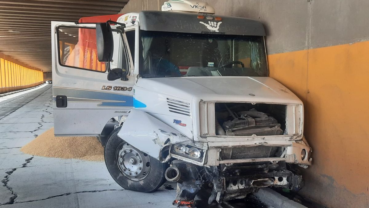 Este camión cargado con cereales habría impactado de frente con un vehículo menor dentro de un cobertizo en el sector de Caracoles, del lado chileno del Paso Cristo Redentor.