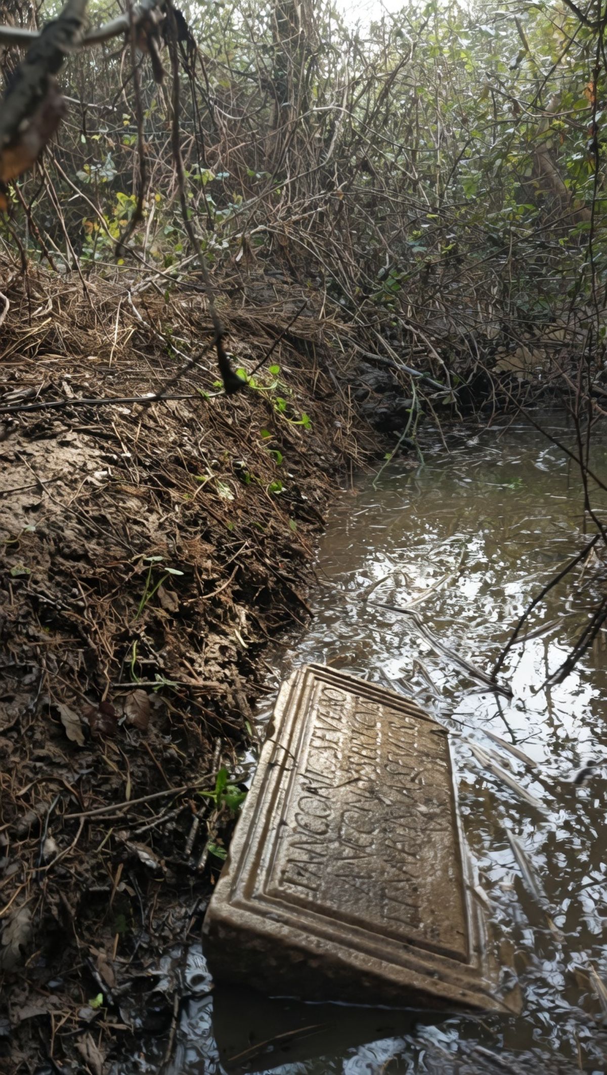 La placa estaba semisumergida en el bosque.