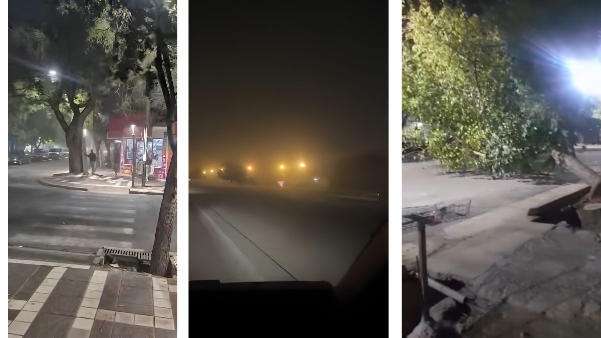 Algunas imágenes de lo que dejó el viento sur en la noche de este viernes en la provincia. En la imagen del centro se ve cómo se circulaba con escasísima visibilidad en el Acceso Sur.&nbsp;