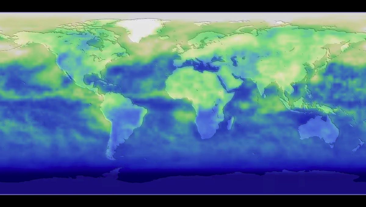 La imagen muestra los datos del albedo o la cantidad de radiación emitida por la Tierra al espacio. Los tonos azules muestran zonas con albedo reducido. Las partes nubladas o con hielo rebotan más radiación. La imagen muestra los datos del albedo o la cantidad de radiación emitida por la Tierra al espacio. Los tonos azules muestran zonas con albedo reducido. Las partes nubladas o con hielo rebotan más radiación.